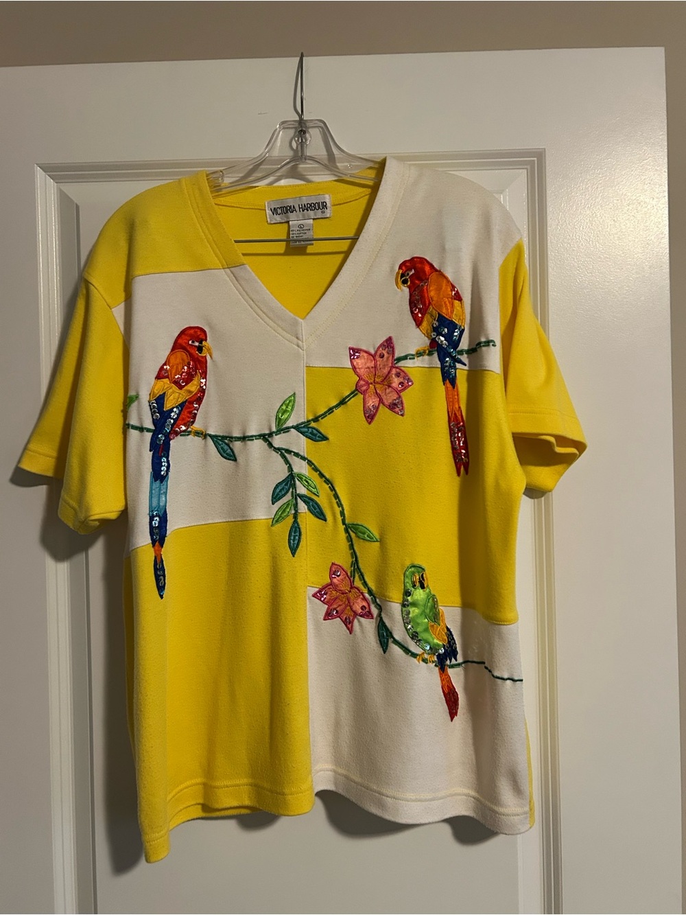 Yellow White Parrot Embroidered V-Neck Top